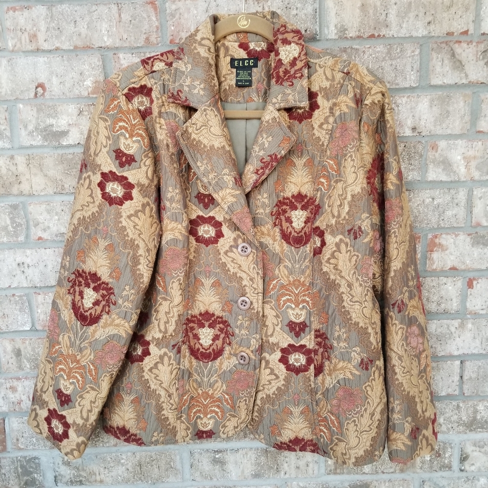 ELCC Gold Maroon Elegant Floral brocade Suit  jacket LARGE Blazer